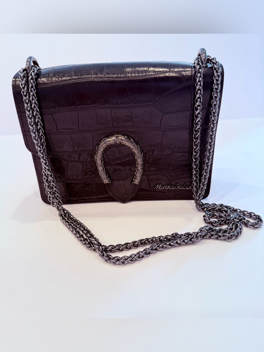 Marina Galanti Italian Black Croc-Embossed Leather Chain Crossbody Bag NWOT